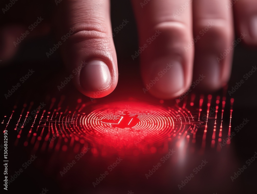 Poster digital security scan concept with fingerprint and red light for cyber threat detection