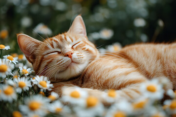 The cat sleeping with flower
