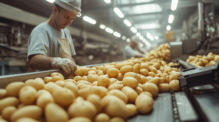Worker sorting potatoes in a factory production line.