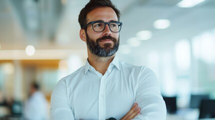 Confident Office Worker in Modern Workspace with Thoughtful Expression