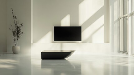 Modern minimalist living room, TV on wall, coffee table, sunlit