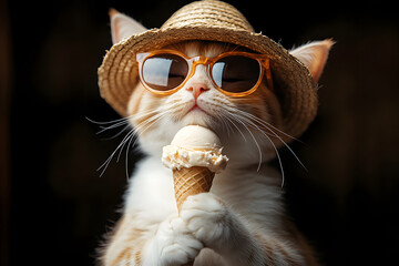 Cute cat with glasses and hat holding a ice cream, summer concept.