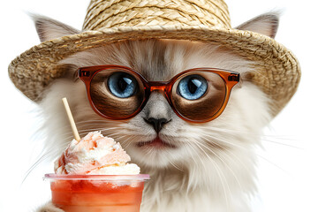 Cute cat with glasses and hat holding a glass of juice, summer concept.