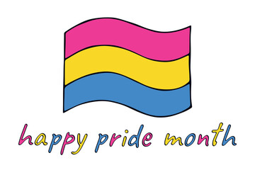 Colorful Pansexual pride flag Happy pride day LGBTQ community Pride Month Vector hand drawn doodle for posters, stickers, logo, cards