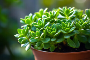 Obraz premium Close-up of a lush, green plant with a background of leaves on a sunny day.