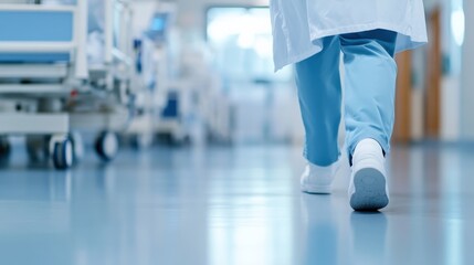Healthcare professionals walking in hospital corridor medical facility action shot clinical environment low angle view care commitment