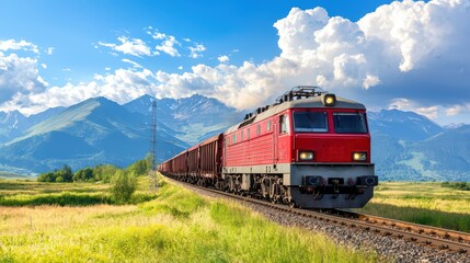 Obraz premium Electric Freight Train Moving Through Scenic Landscape with Mountains and Blue Sky