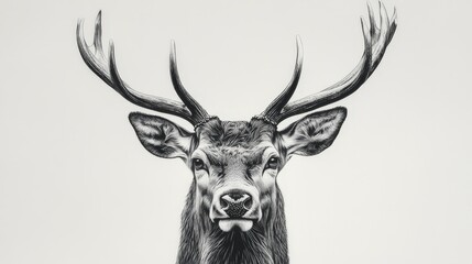 A captivating black-and-white illustration depicts a deer’s head adorned with majestic antlers, showcasing exquisite detail in the fur texture and lifelike facial features