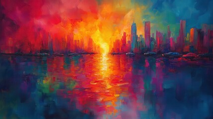 Fototapeta premium Vibrant city sunset reflected on calm water
