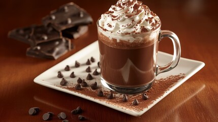 8.A clear glass mug filled with rich, creamy hot chocolate topped with swirls of whipped cream and a sprinkle of cocoa powder, placed on a white ceramic plate with chocolate chips scattered artfully