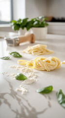Fresh homemade pasta preparation. Neatly twirled fettuccine nests on a floured countertop with basil leaves. A bright kitchen setting enhances the artisanal Italian cooking scene.