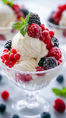 Vanilla ice cream with fresh berries. A frosted glass dessert bowl filled with creamy vanilla ice cream, topped with raspberries, blackberries, red currants, and mint. A refreshing summer treat.