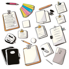 Hand-drawn doodle icons of various educational and school-related stationary items