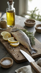 Fresh fish preparation. A whole fish on a wooden cutting board with lemon slices, rosemary, sea salt, and spices. A rustic kitchen setting, perfect for seafood cooking inspiration.