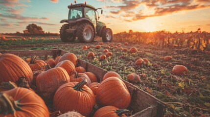 Tractor in a pumpkin patch at sunset. the tractor is green and black in color and is driving through the field.