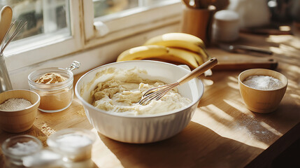 Homemade banana bread preparation. A mixing bowl with batter, fresh bananas, flour, and sugar on a sunlit wooden kitchen counter. Warm natural light enhances the cozy baking scene.