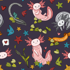 Seamless vector pattern of adorable pink axolotls and sea stars on a dark background, vector illustration