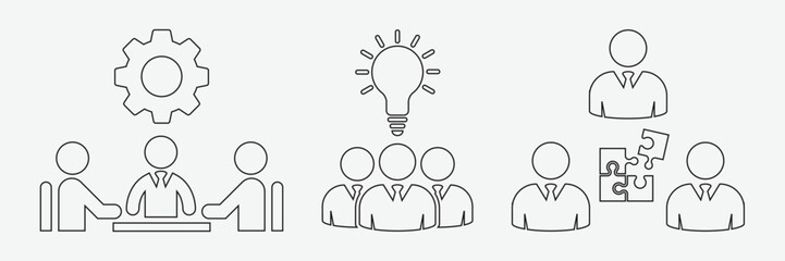 Collection of vector icons of teamwork, solution, meeting, conference. Solve problems and discover new innovations in a linear style. Vector illustration