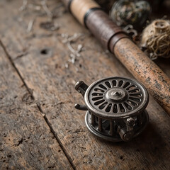 Vintage Fishing Reel In Style of Realistic Photography For Social Media & Product Advertisements On Rustic Wooden Surface With Copy Space