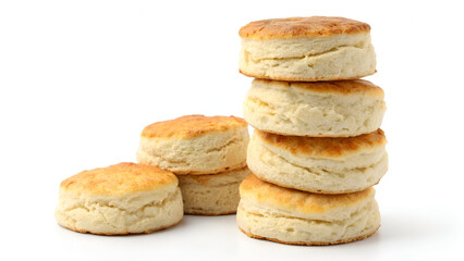 A tall stack of fluffy Southern biscuits with golden, buttery tops, isolated on a white background for a classic homemade feel.