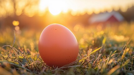 A single egg rests in a field of grassy sunlight
