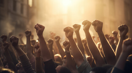 Crowd of protesters hands . People raised fist air figh