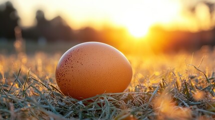 A single brown egg rests on a bed of grass at sunrise