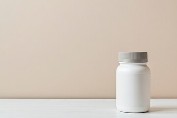 White supplement bottle with a metal cap and a gray plastic rubber shaker on a white wooden table, with a pastel beige background. This is a mockup for product advertising, banner design,