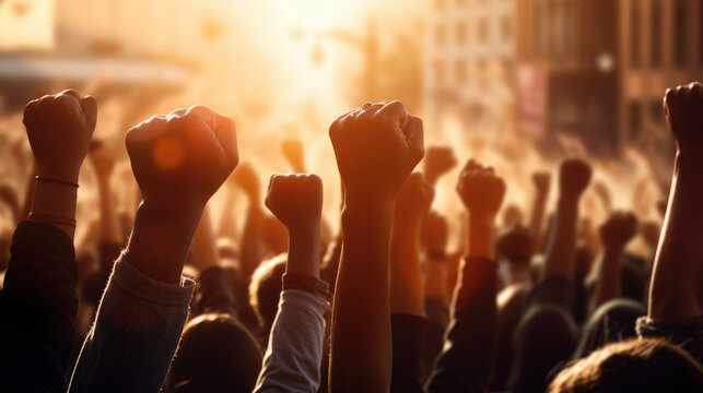 Crowd of protesters hands . People raised fist air figh