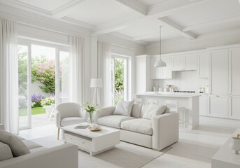 Modern kitchen mockup table and dining room interior with contemporary furniture and design