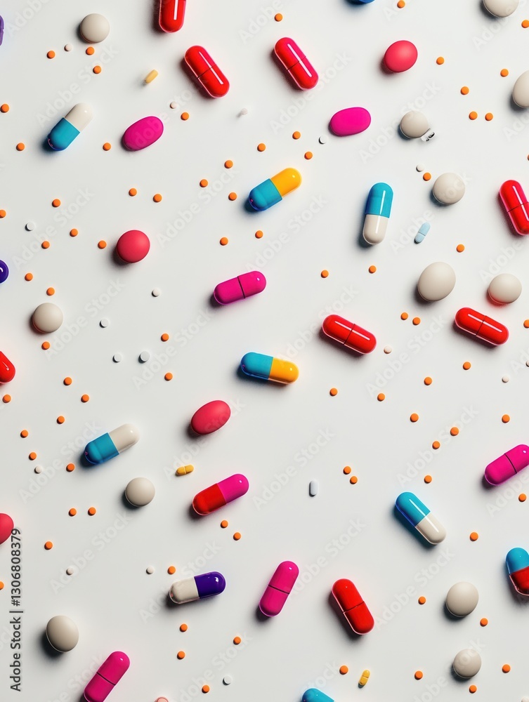Fototapete colorful array of medical capsules scattered on a minimalist background for creative thematic compos