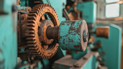 Close-up of a rusty gear on a machine. the gear appears to be old and weathered, with peeling paint and rust covering its surface. the machine is made of metal and has a greenish-blue color.