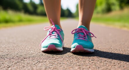 Colorful running shoes on woman's feet on asphalt road. Close-up view of bright sneakers for jogging. Fitness, exercise and healthy lifestyle concept. Summer outdoor sport activity.