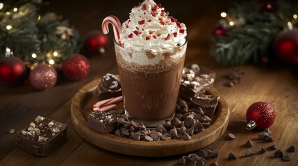 12.A festive arrangement featuring a tall glass of hot chocolate garnished with whipped cream, candy cane bits, and chocolate chips, served on a wooden plate surrounded by holiday-themed decorations.