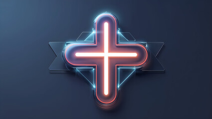 Obraz premium Futuristic Neon Cross with Glowing Pink and Blue Lights on a Dark Metallic Background
