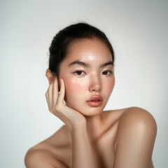 Fototapeta premium A woman gently touch one side of her cheekbone photography skin portrait.