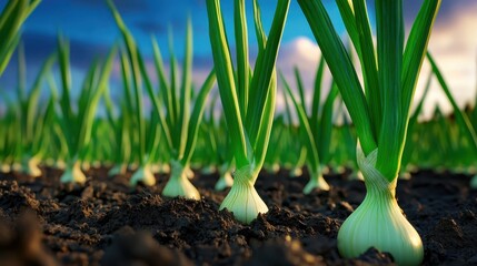 Organic onion field at dusk, sprouting shoots forming perfect rows, soft side lighting enhancing depth and texture. 