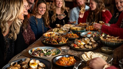 Group enjoying a large, diverse, shared meal, communal dining experience