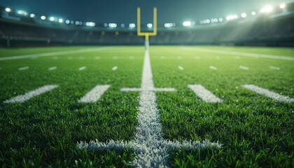 Close-up football field, yard lines markings, fresh green grass texture. Goalpost distance under stadium lights. American football sport theme. Arena for team play, match, competition, championship.
