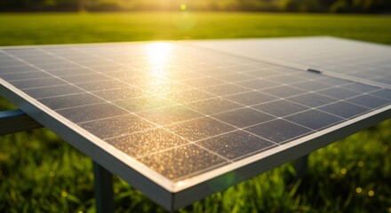 Solar panel reflecting sunlight in green field at sunset. Renewable energy technology for sustainable power generation. Clean electricity concept with copy space