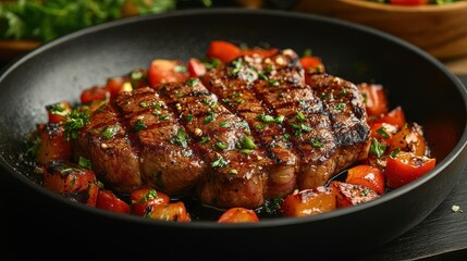 Fototapeta premium grilled steak with fresh vegetables in a skillet on dark wooden background