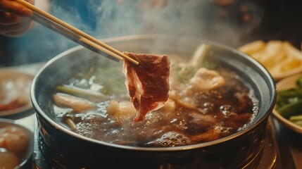 81.An intimate moment captured as a hand holds a thin slice of meat with chopsticks, hovering above a simmering hot pot filled with boiling broth, with fresh vegetables and herbs surrounding the hot
