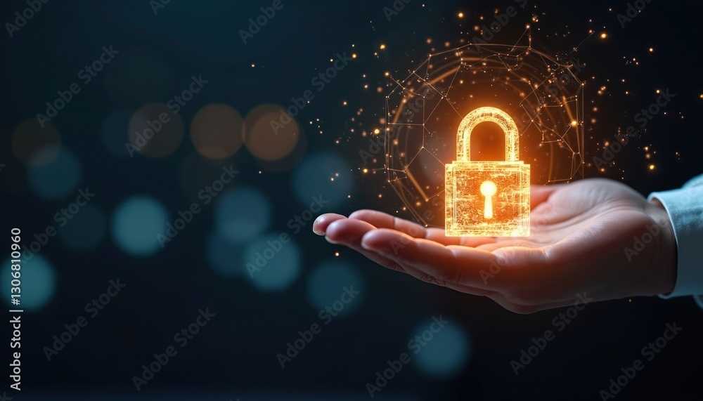 Poster digital glowing padlock with male hand. concept of protecting personal data on network. cybersecurit