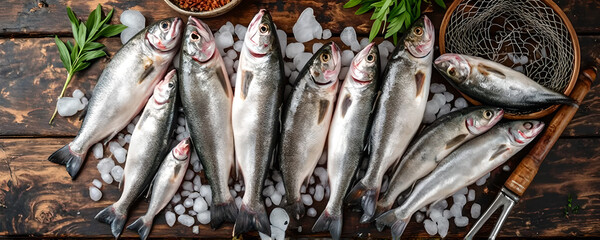 Variety of Fish on Rustic Wooden Surface with Ice and Nets in style of High-Resolution Realistic Photograph For Rustic Background Use with Soft Natural Light and Ample Copy Space