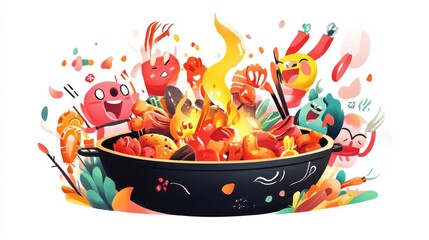 36.A lively cartoon illustration of a Moo Kata hot pot grill, featuring glowing coals, sizzling food, and happy, colorful characters enjoying the meal, set on a crisp white background for clarity.