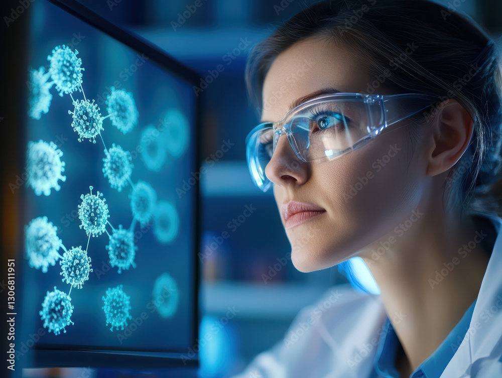 Poster scientist analyzing virus samples on monitor in laboratory setting with focused expression