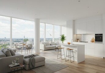 Fototapeta premium Modern kitchen mockup table interior in a luxury home with stylish design, windows, furniture, and a spacious layout