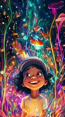 A joyful child surrounded by vibrant colors and sparkling underwater scenes, with fish swimming amidst whimsical plants and flowers.