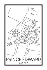 Printable downtown road map poster of the Canadian city of PRINCE EDWARD on solid white background with city name