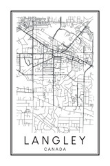 Printable downtown road map poster of the Canadian city of LANGLEY on solid white background with city name